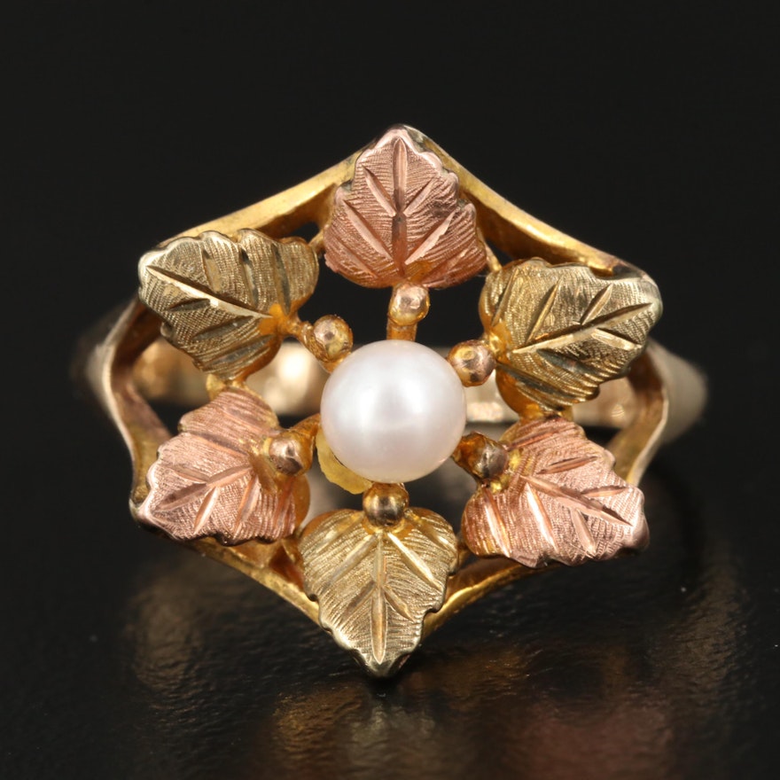 10K Cultured Pearl Leaf Ring with Rose and Green Gold Accents