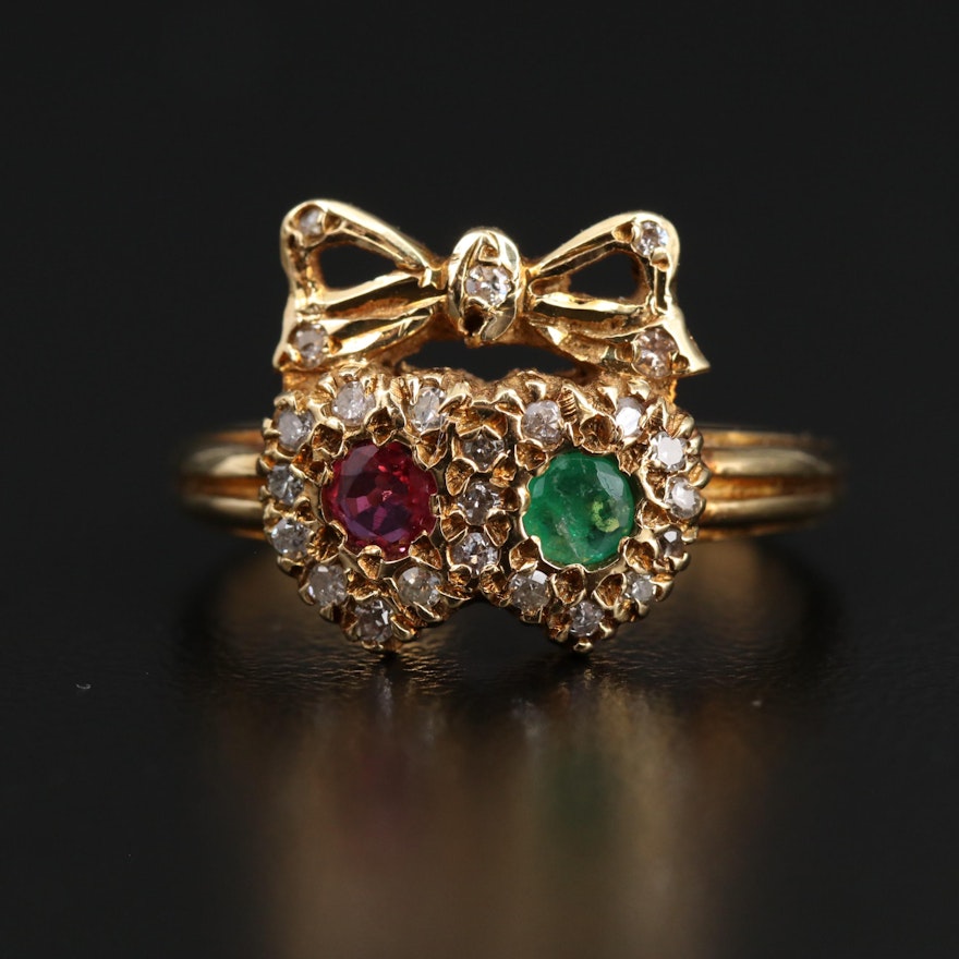 Vintage Ruby, Emerald and Diamond Ring