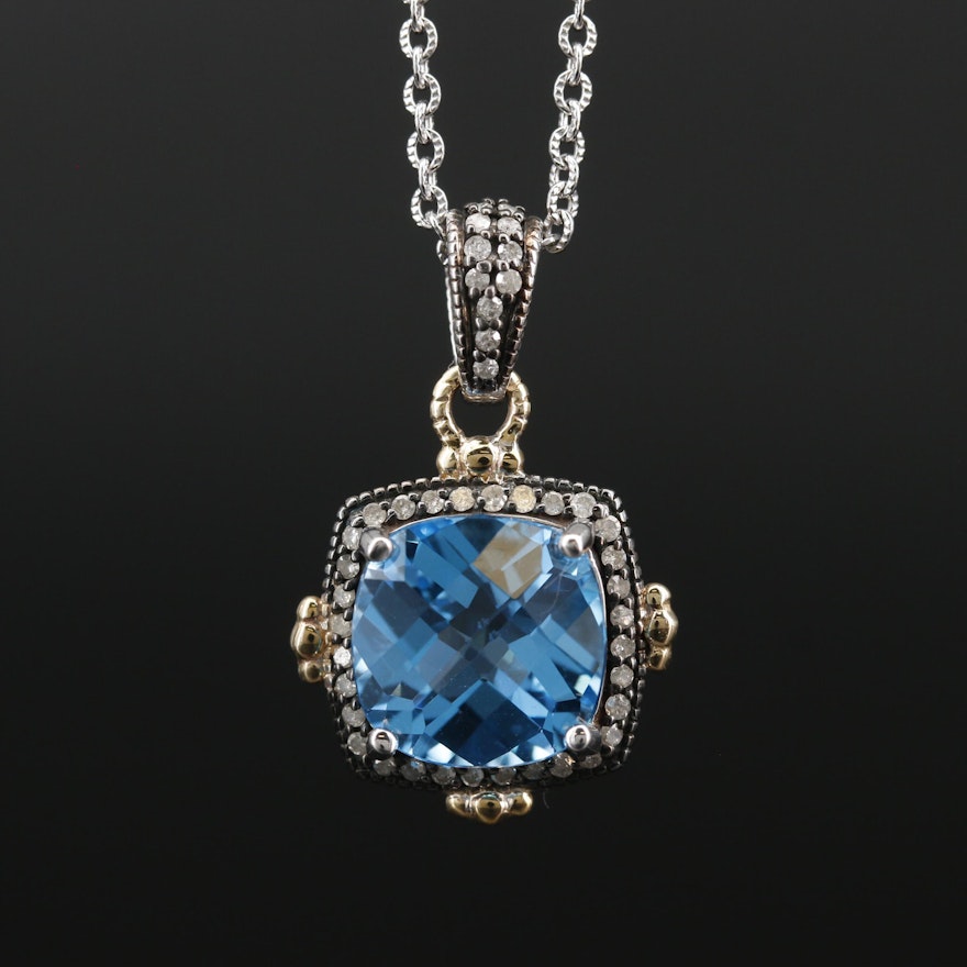 Sterling Silver Topaz and Diamond Pendant Necklace with 10K Gold Accents