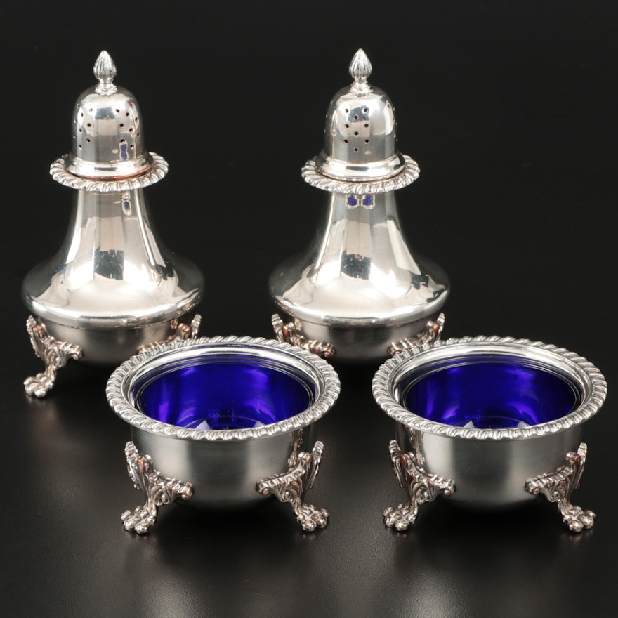 "Exeter" Silver Plate and Cobalt Salt Cellars and Pepper Shakers