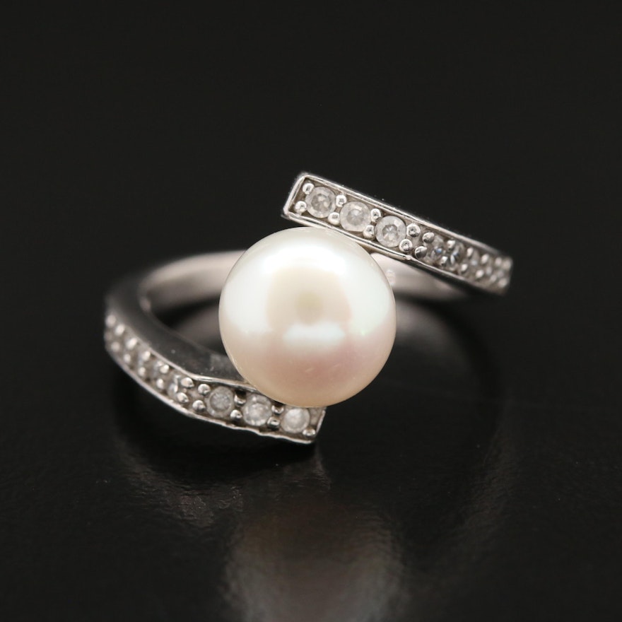 Sterling Silver Pearl and Cubic Zirconia Bypass Ring