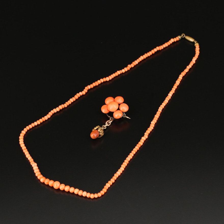 Victorian Graduated Coral Necklace and Pin Set