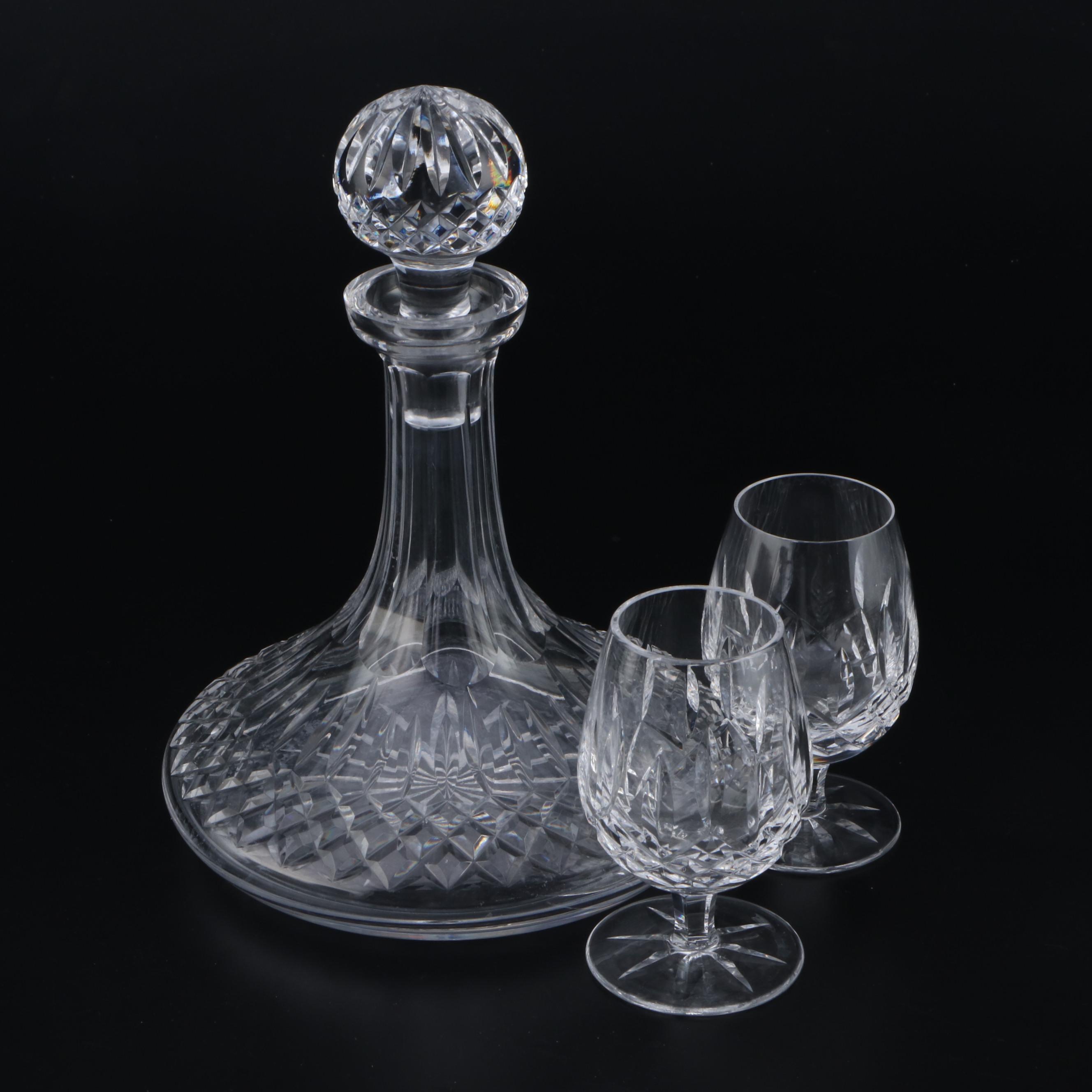 Waterford Crystal "Lismore" Ships Decanter and Brandy Glasses