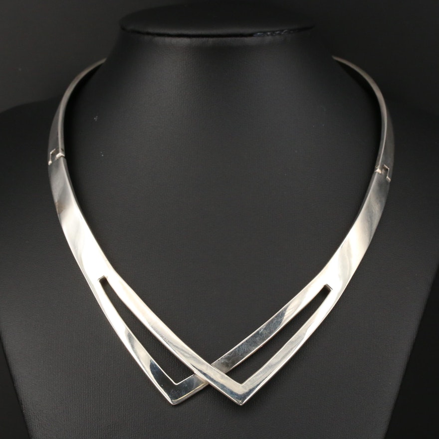 Modernist Taxco Sterling Silver Chevron Collar