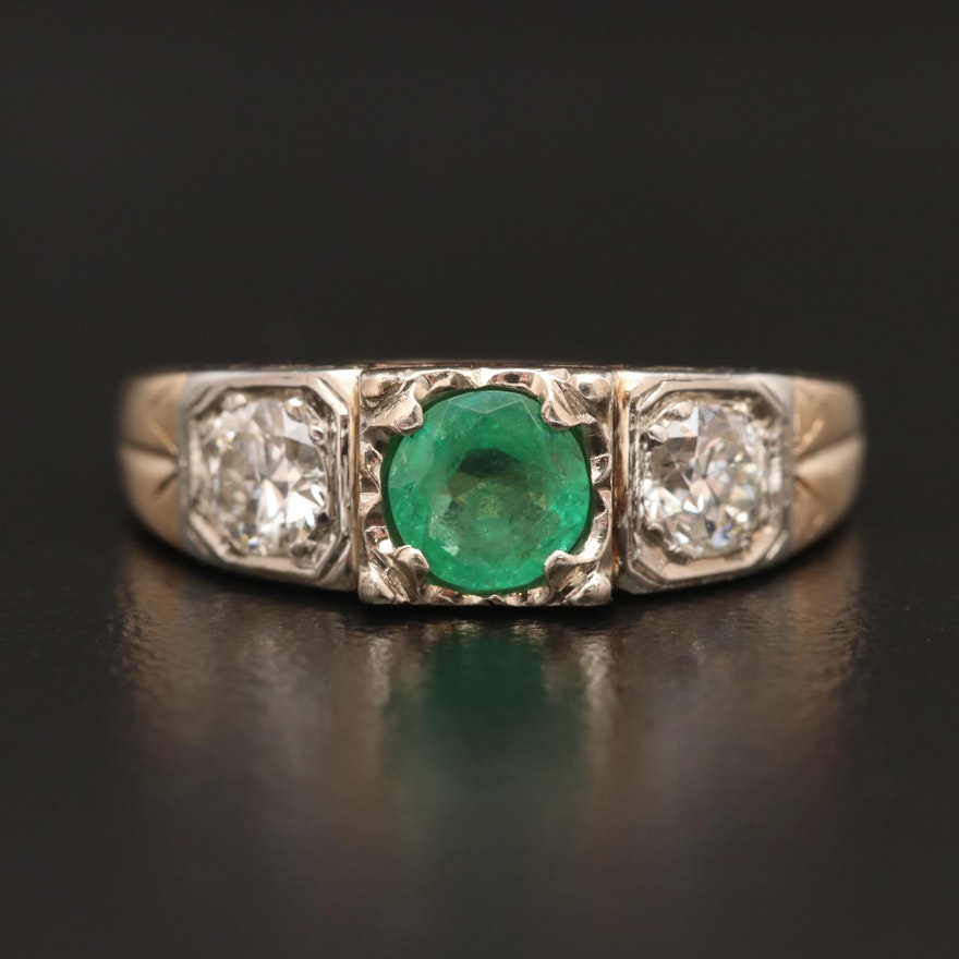 Antique 10K Emerald and Diamond Openwork Ring