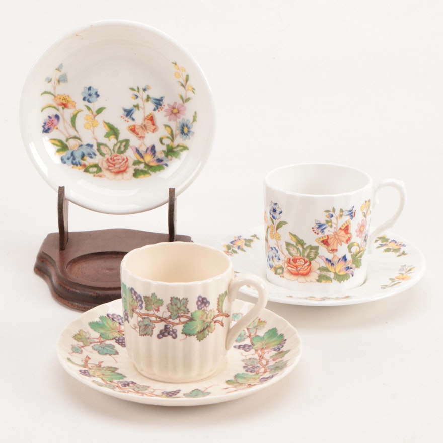 Aynsley "Cottage Garden" and Spode "Monticello Vine" Teacups and Saucers