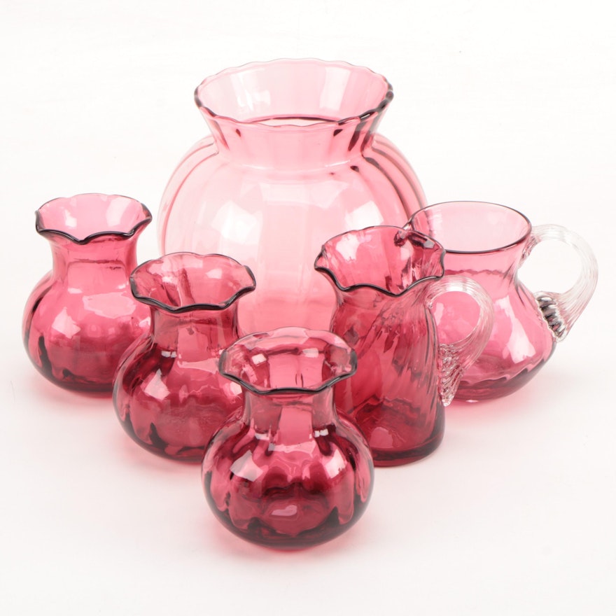 Handblown Cranberry Glass Pitchers and Vases with Other Ribbed Pink Glass Vase