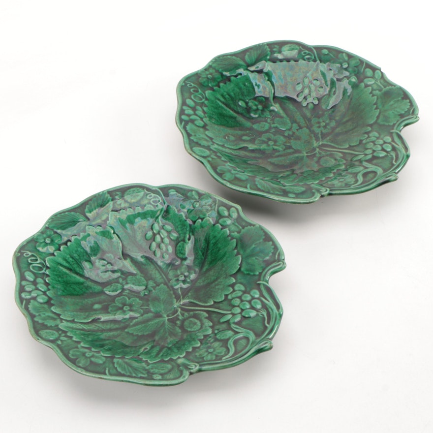Emerald Green Floral Majolica Plates