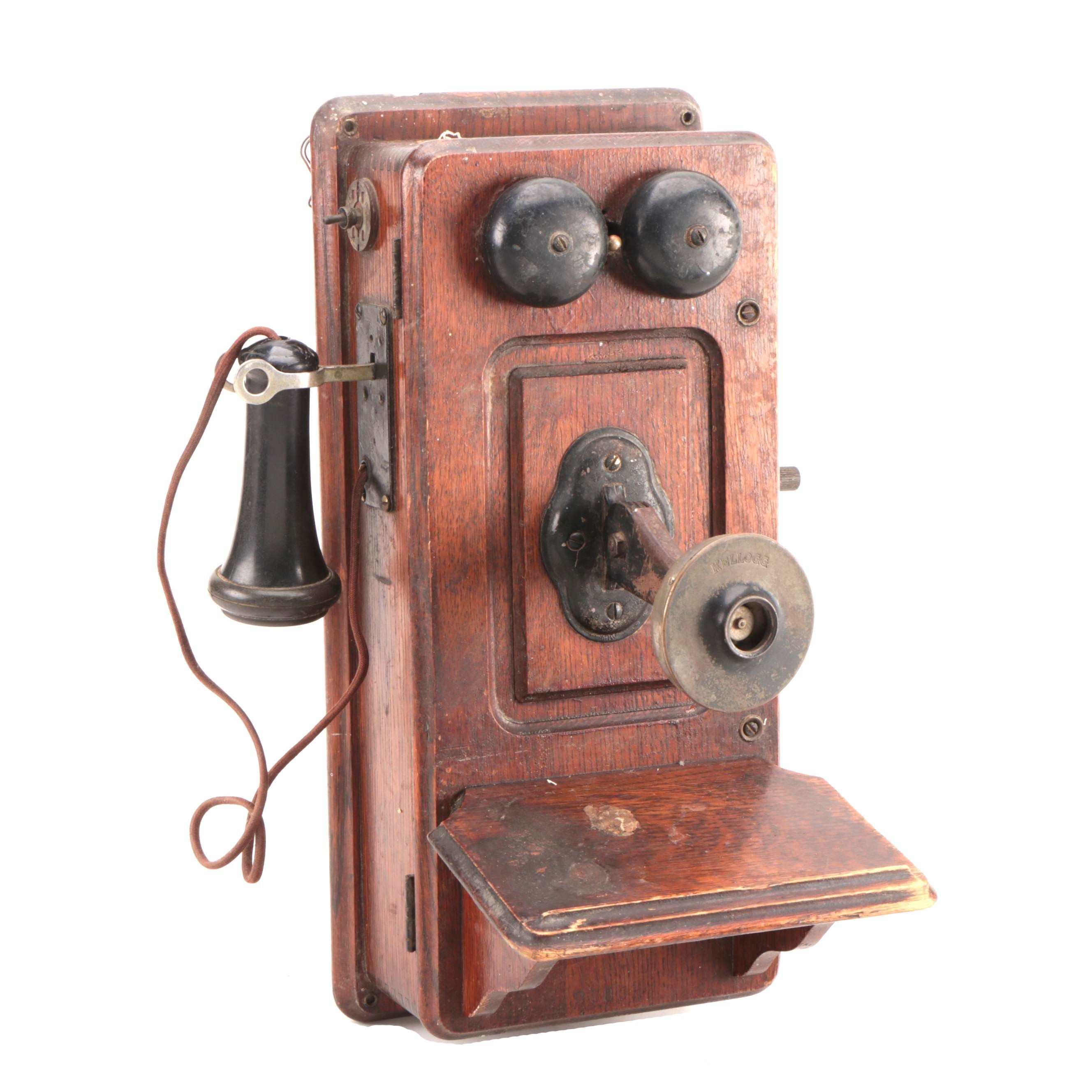 Kellogg Hand-Crank Oak Wall Mount Telephone with Receiver, Early 20th-Century