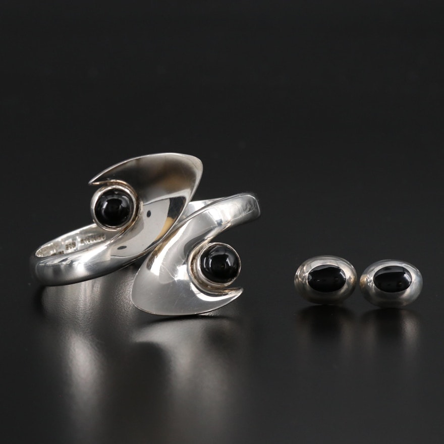 Mexican Sterling Silver Obsidian Clamper Bracelet and Black Enamel Earrings