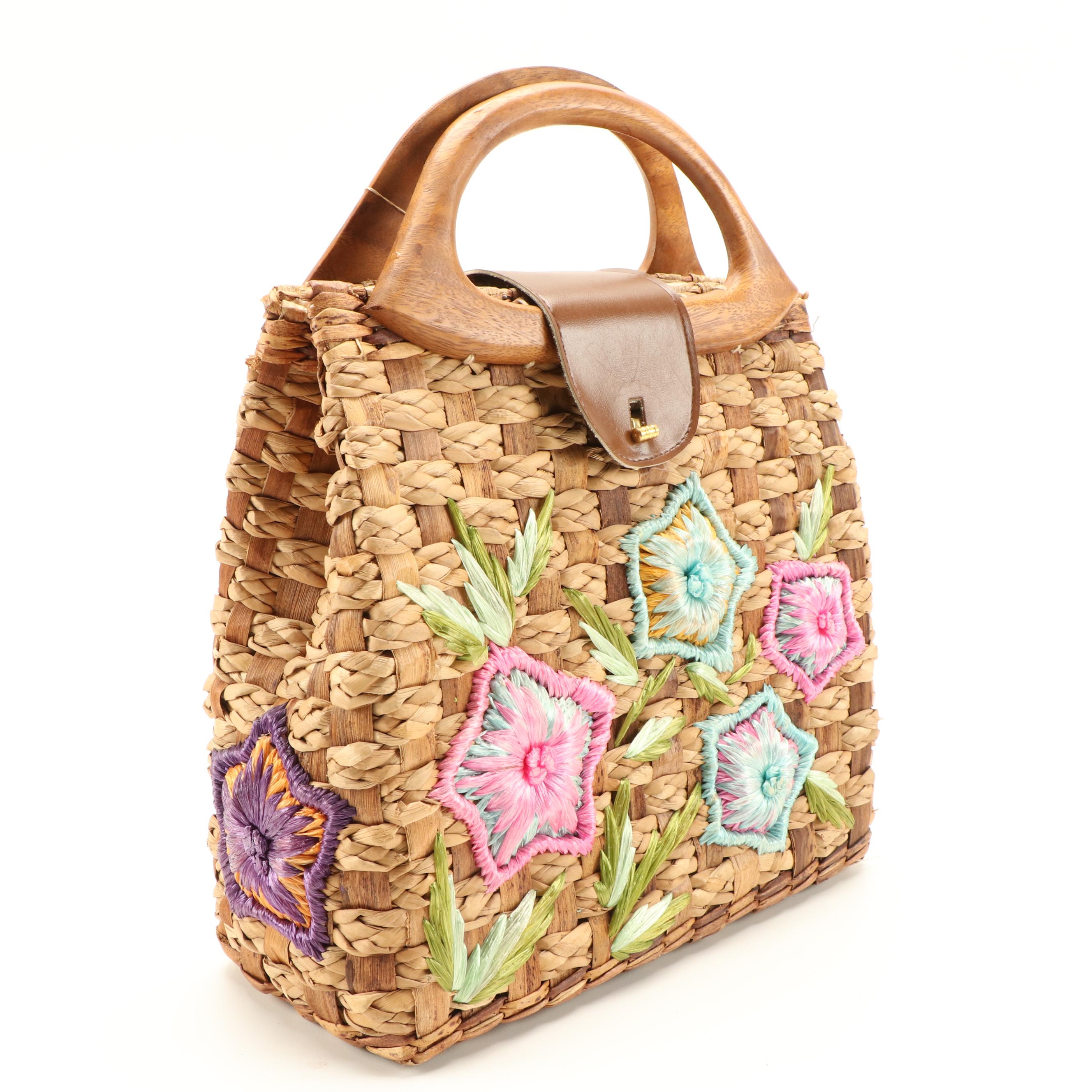 Whidby Bags Woven Reed and Seagrass Handbag with Dyed Raffia Floral Accents