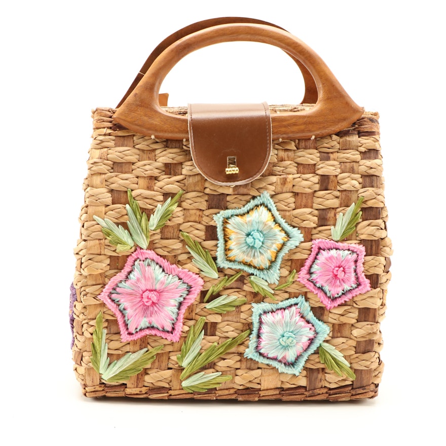 Whidby Bags Woven Reed and Seagrass Handbag with Dyed Raffia Floral Accents