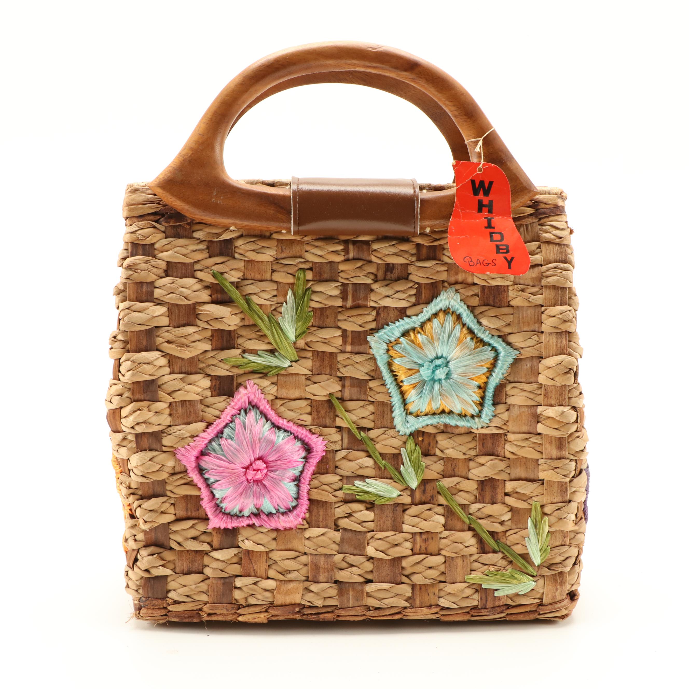 Whidby Bags Woven Reed and Seagrass Handbag with Dyed Raffia Floral Accents