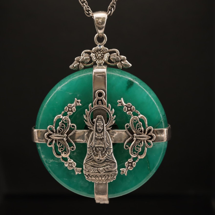 Sterling Silver Jadeite Pendant Necklace with Guanyin Motif