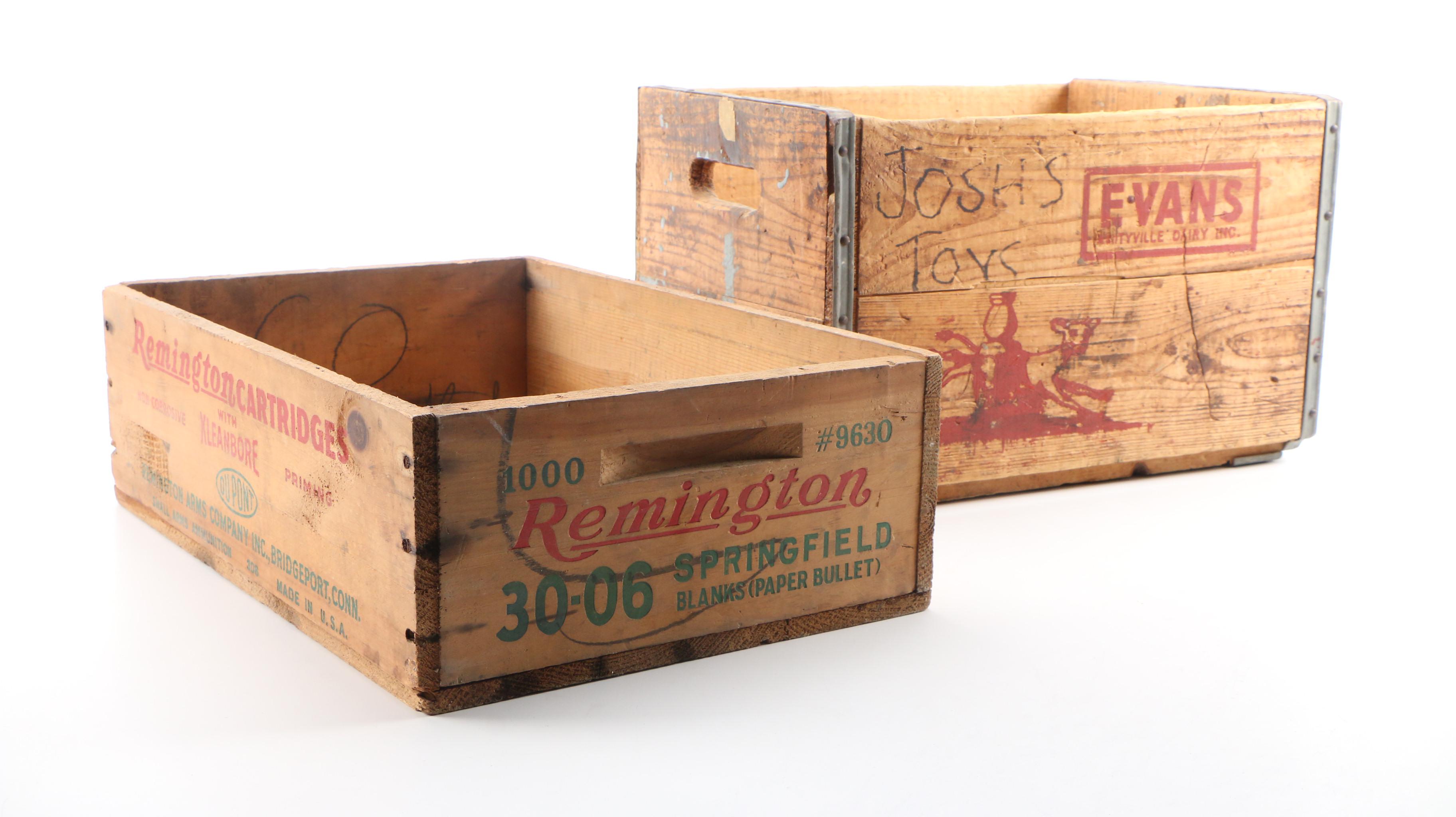 Remington Wooden Ammunition Boxes and Evans Dairy Crate