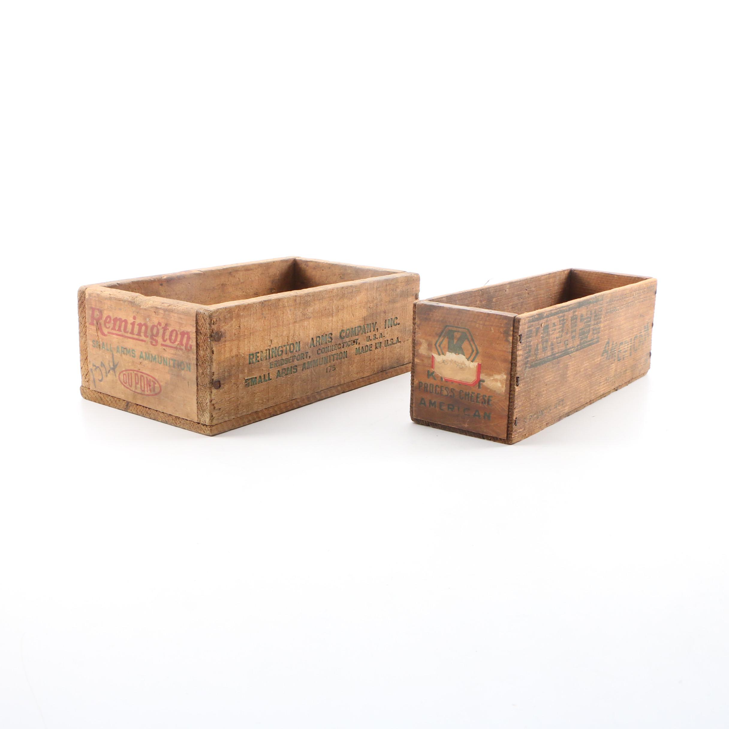 Remington Wooden Ammunition Boxes and Evans Dairy Crate