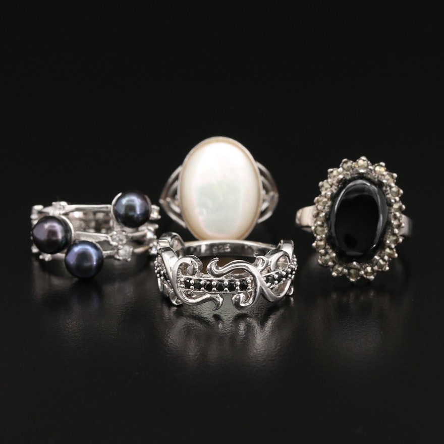 Sterling Silver Rings Featuring Pearl, Mother of Pearl, Black Onyx and Marcasite