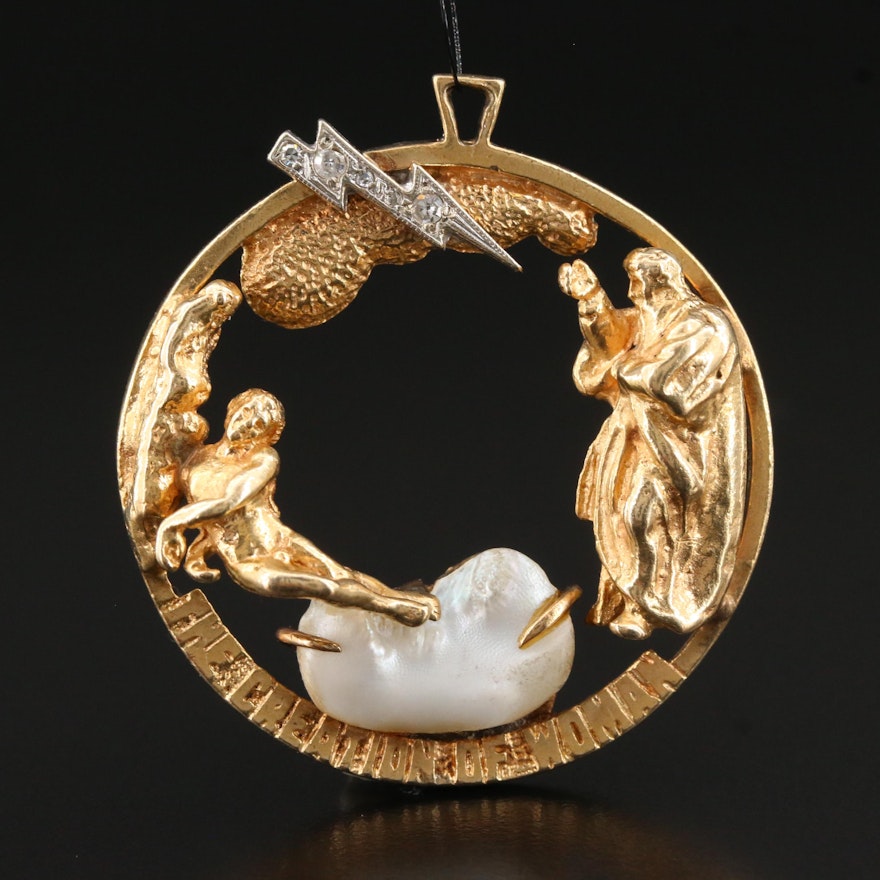 Vintage Andrew Gates 14K Diamond and Pearl "Creation of Adam" Brooch