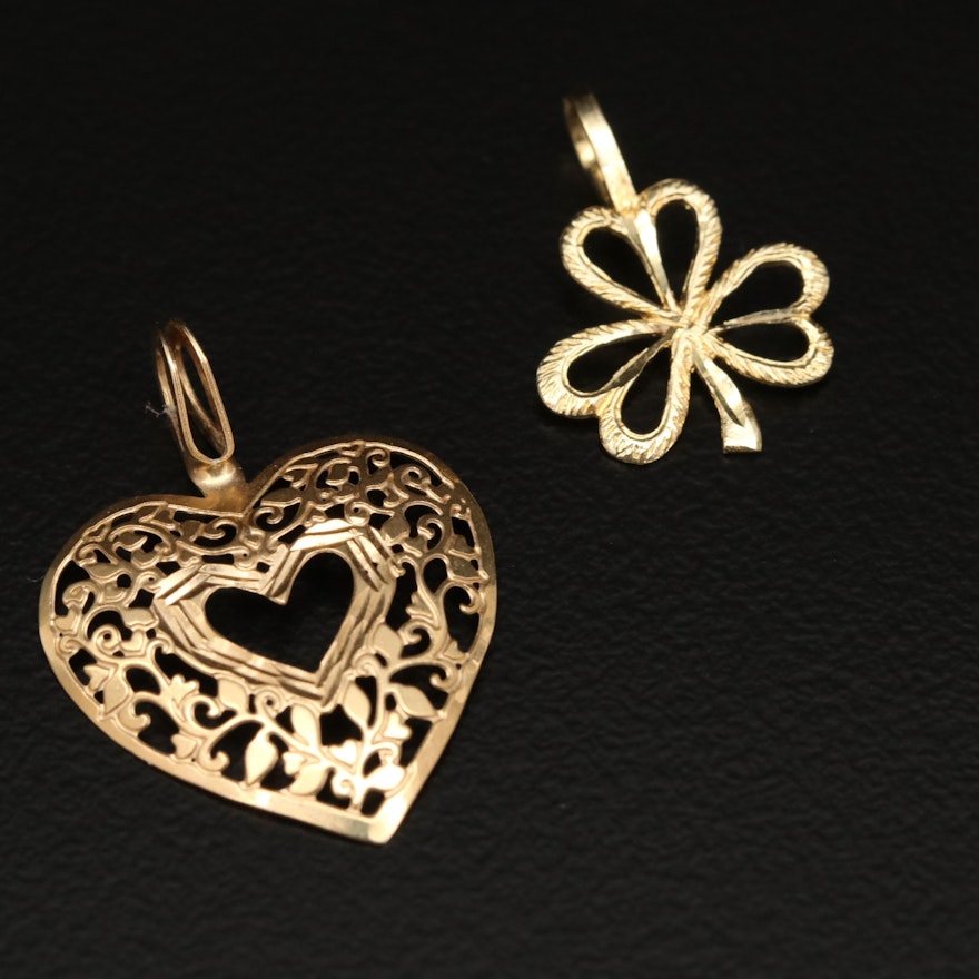 14K Shamrock and Foliate Heart Pendants