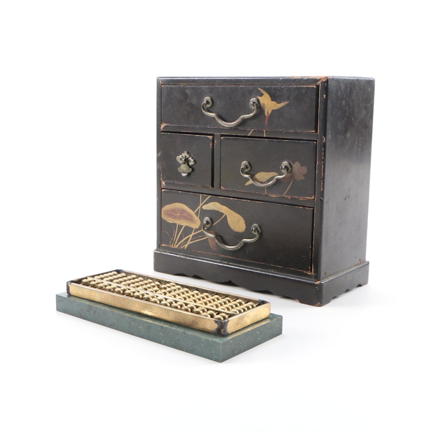 Painted Japonisme Jewelry Box with Brass Abacus and Marble Tray