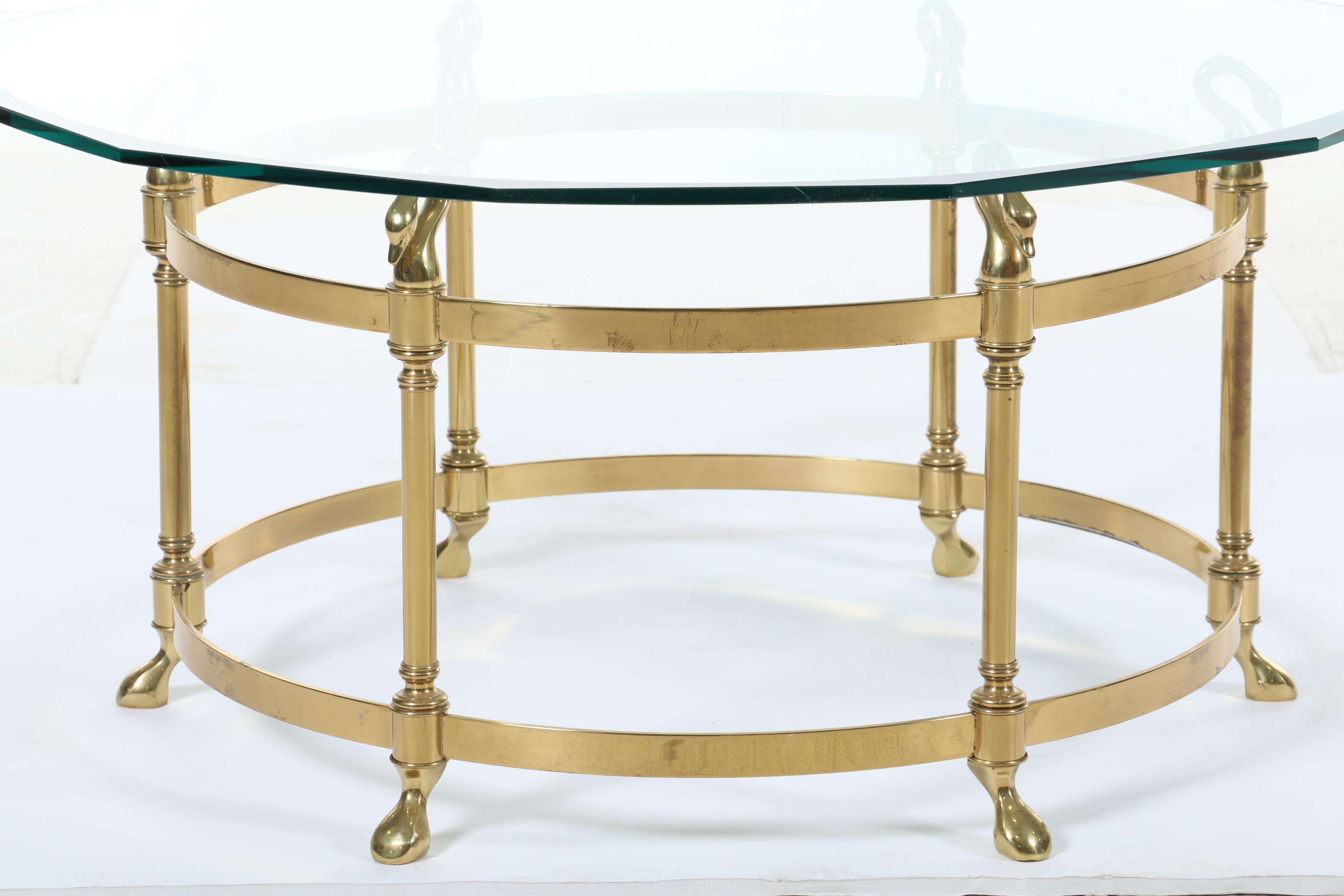 La Barge Style Brass and Glass Top Swan Motif Coffee Table, Late 20th Century
