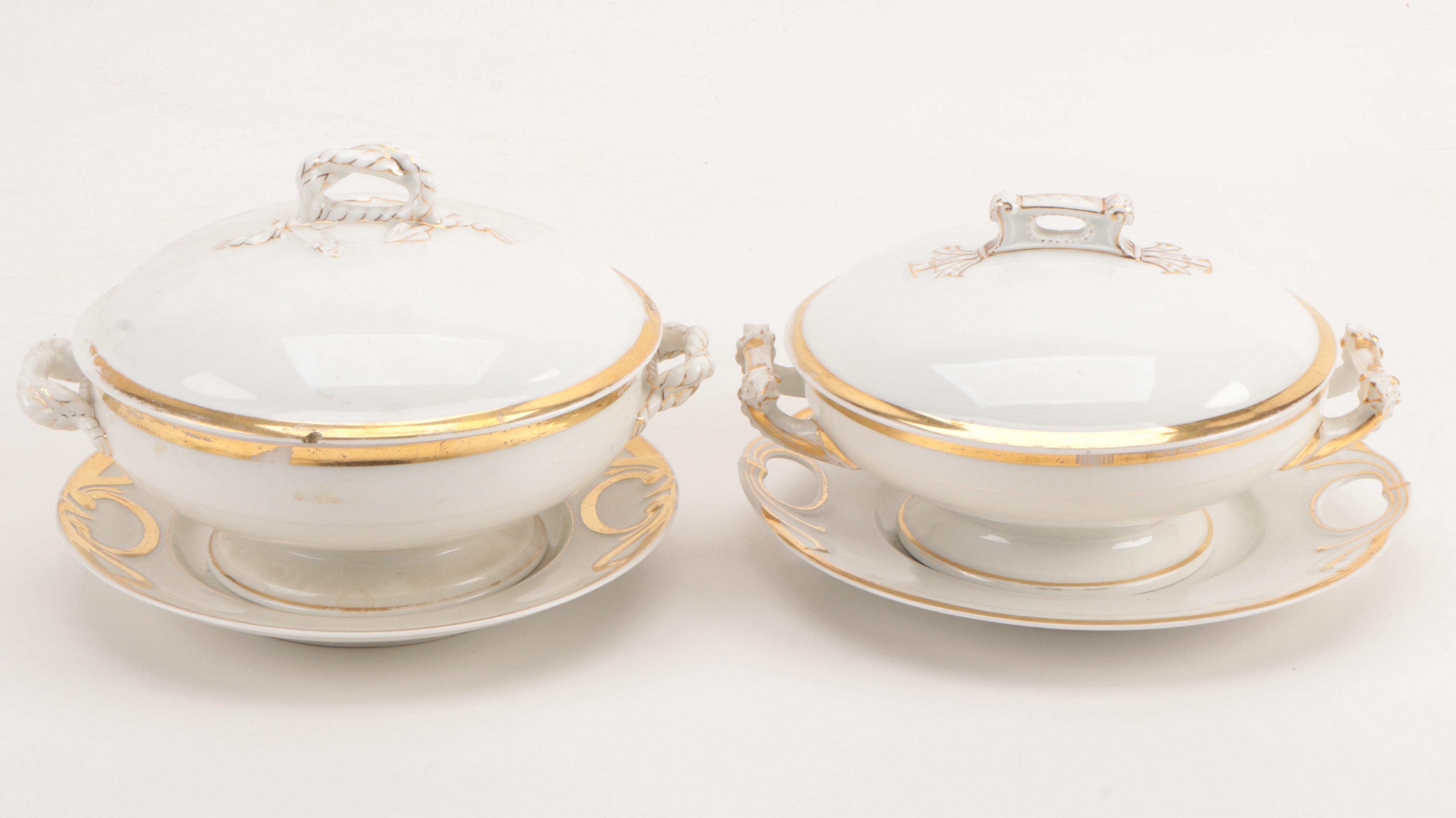 Limoges Gilt Porcelain Covered Dishes and Plates with Cleveland China  Platter