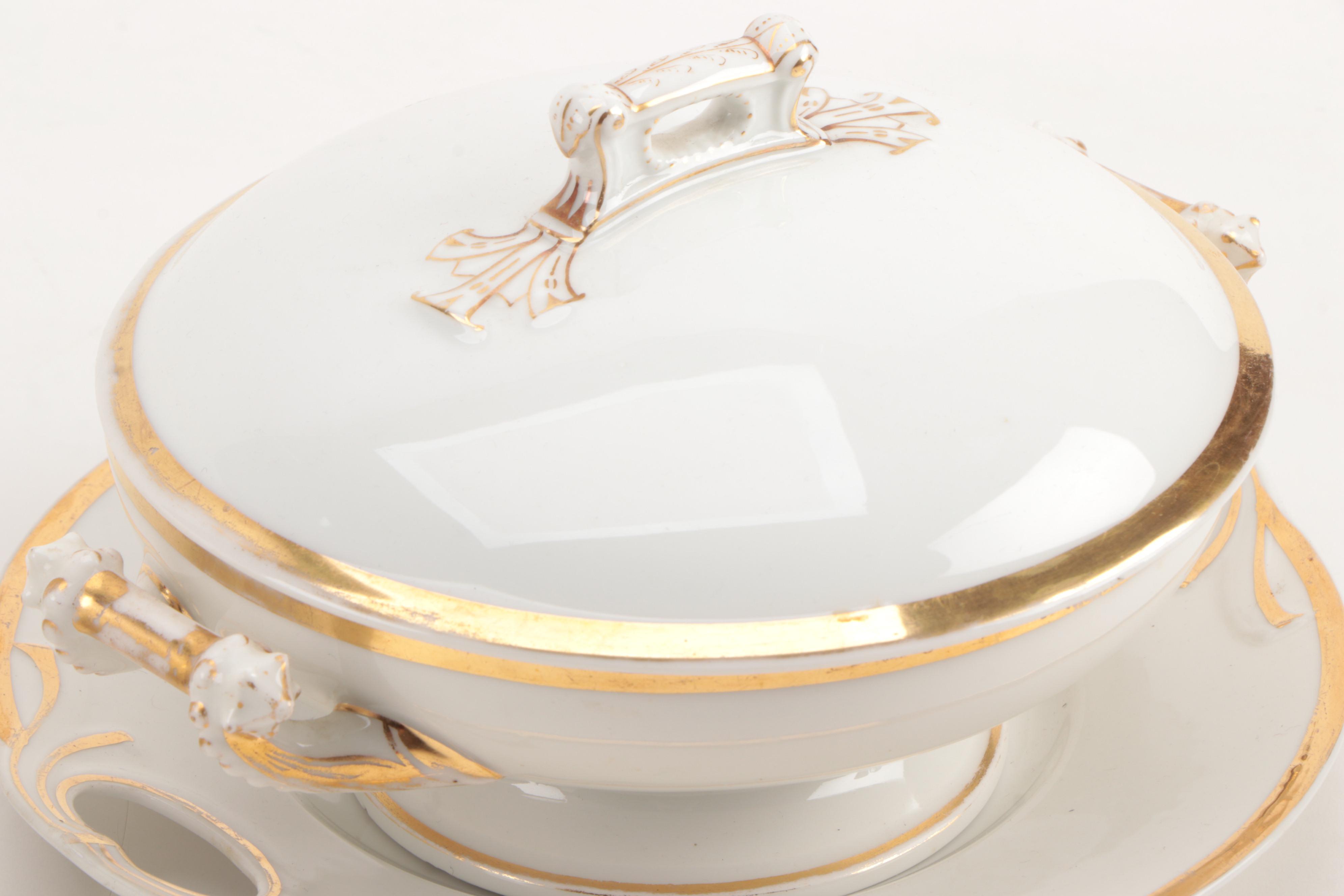 Limoges Gilt Porcelain Covered Dishes and Plates with Cleveland China  Platter