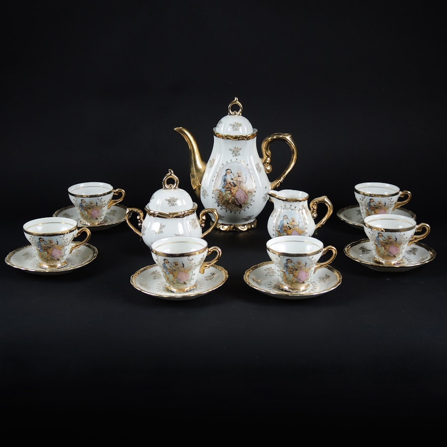 Courting Couple Design Tea Set With Gilded Accents, Mid-20th Century