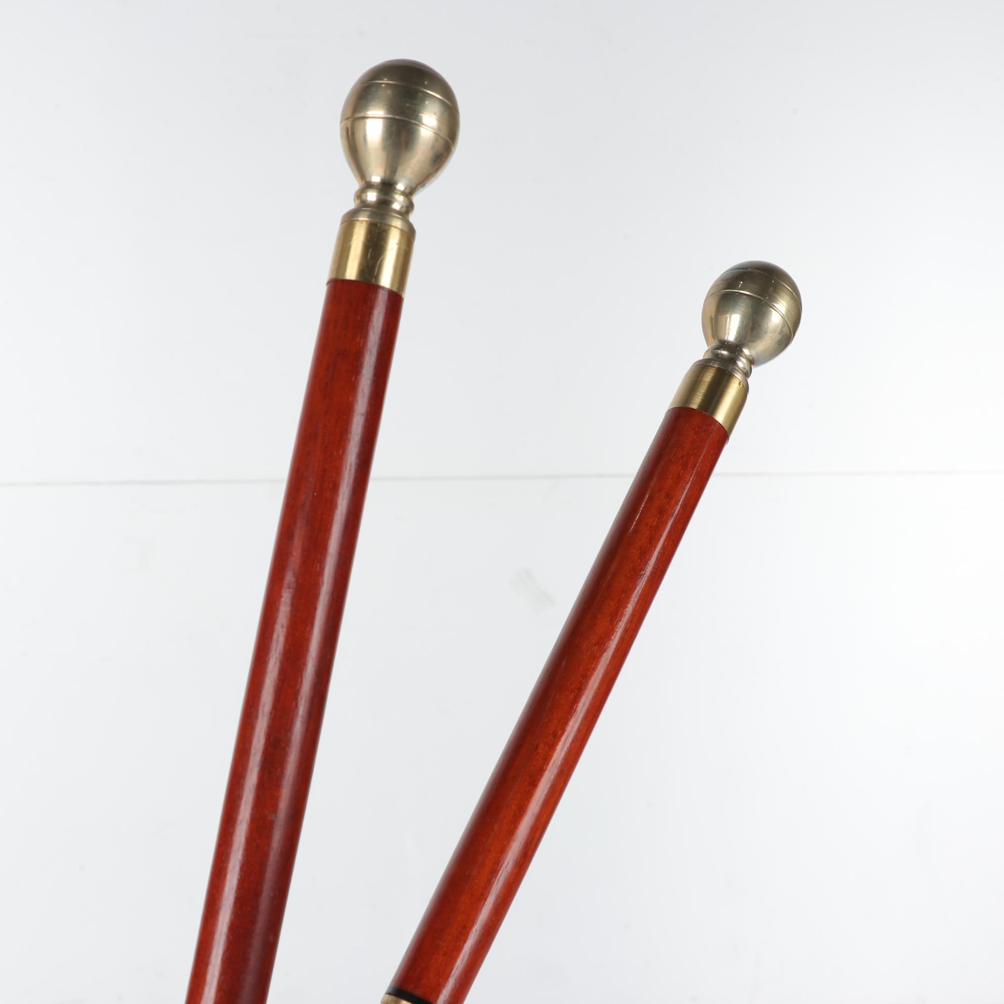 Brass Accented Wooden Walking Sticks with Knob Handles, Compass and Glass Tube