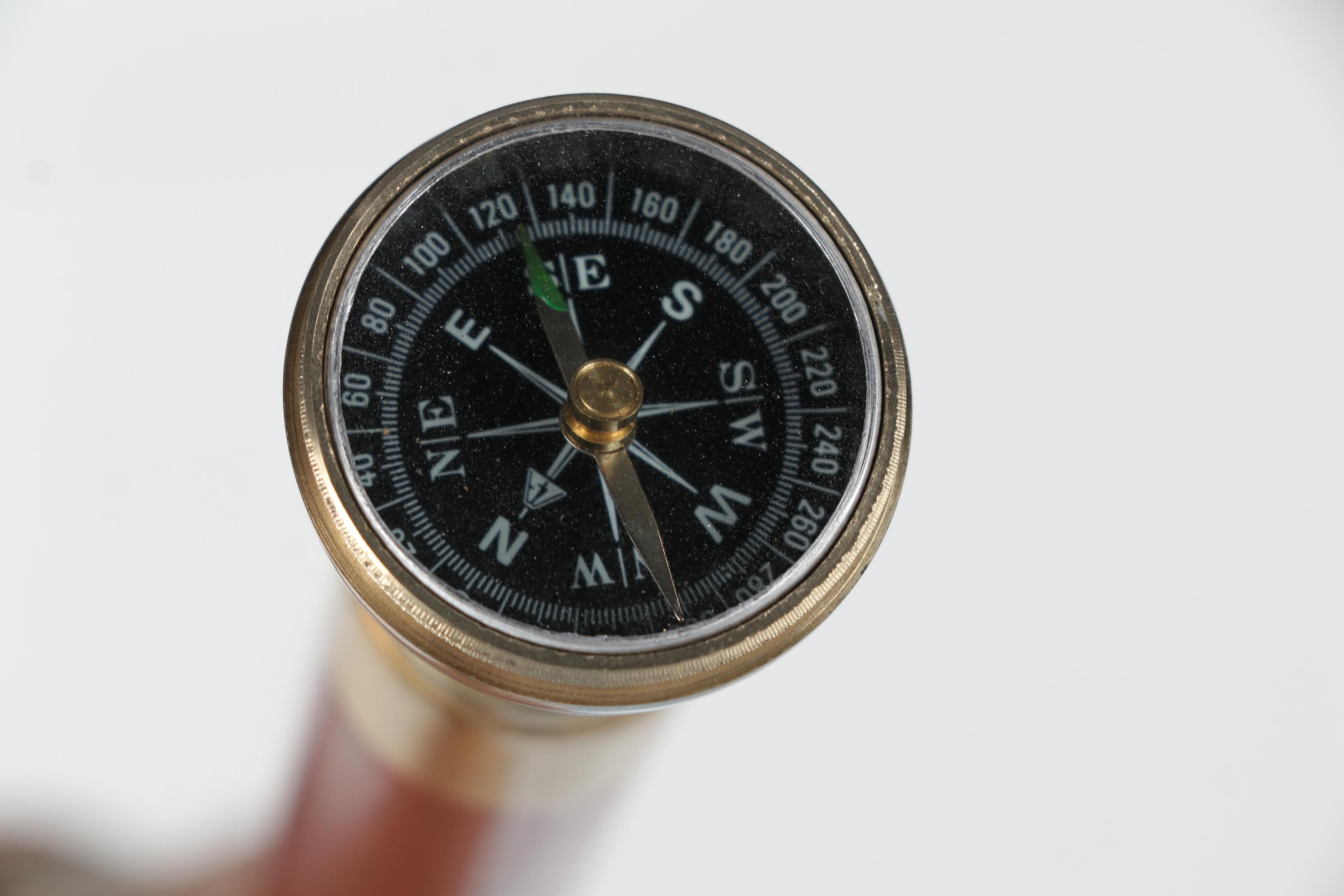 Brass Accented Wooden Walking Sticks with Knob Handles, Compass and Glass Tube