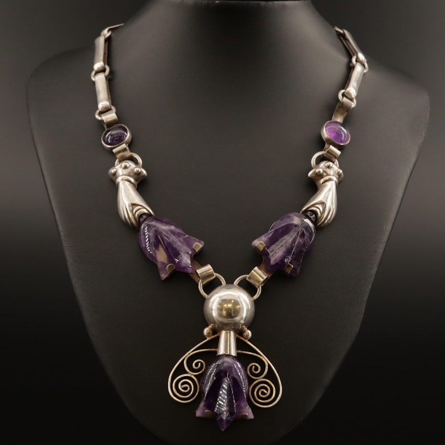 Taxco R Rivera Sterling Carved Amethyst Necklace