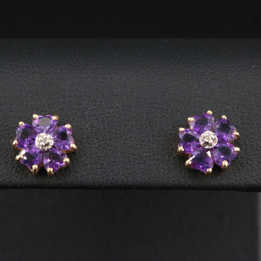 14K Amethyst and Diamond Flower Earrings