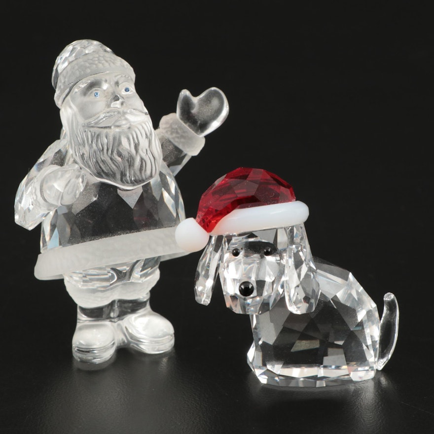 Swarovski Crystal "Santa Claus" and "Dog with Santa Hat" Christmas Figurines