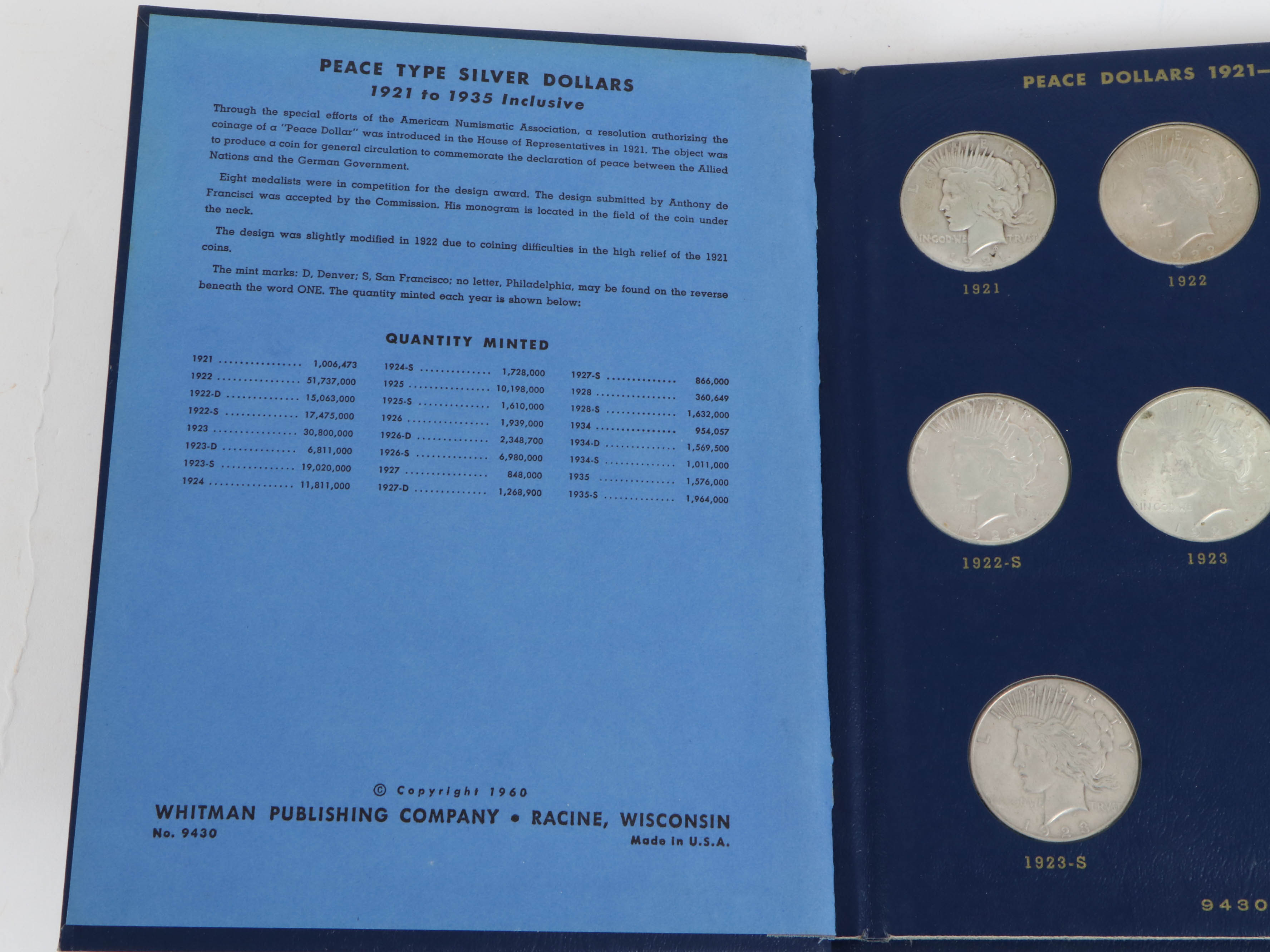 Complete Peace Silver Dollar Collection in Whitman Album, 1921–1935
