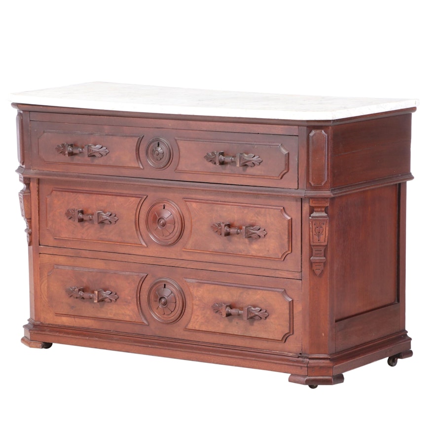 Victorian Walnut, Figured Walnut, and Marble Top Chest of Drawers