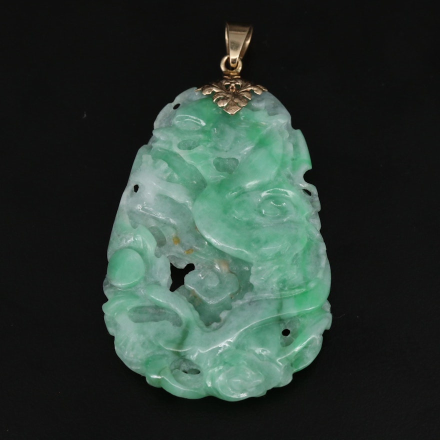 Carved Jadeite Phoenix and Dragon Pendant with 14K Bail