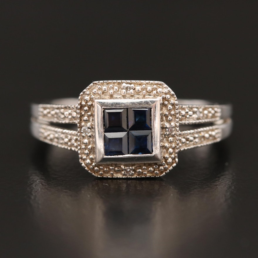 Sterling Silver Blue Sapphire and Diamond Ring