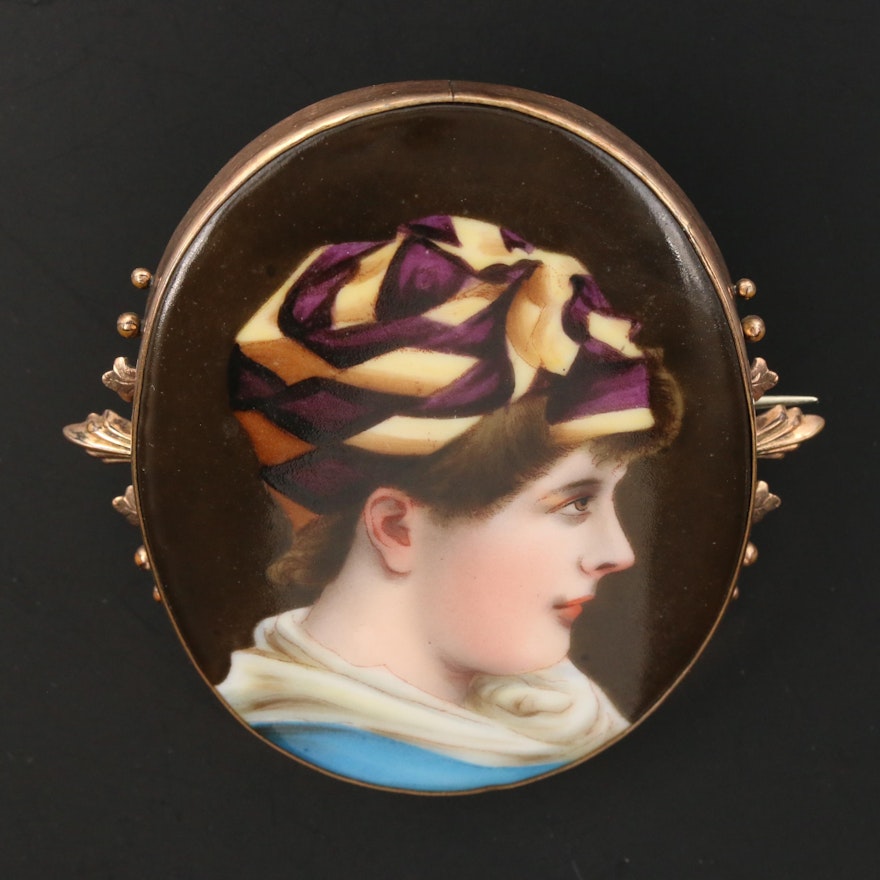 Antique Painted Portrait Brooch