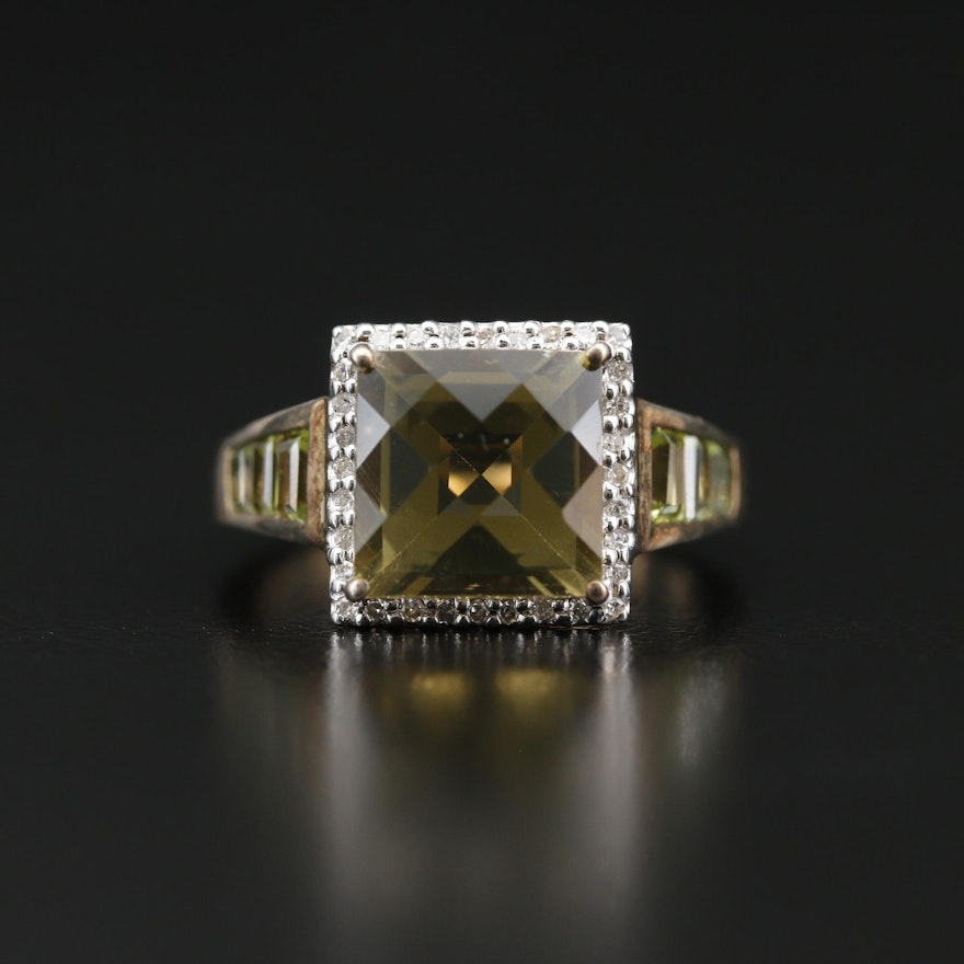 Sterling Silver Quartz and Diamond Ring