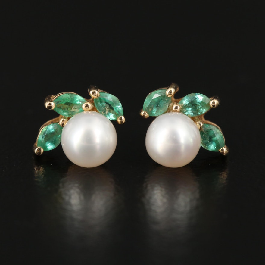 14K Pearl and Emerald Stud Earrings
