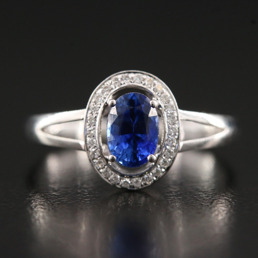 18K Sapphire Ring with Diamond Halo