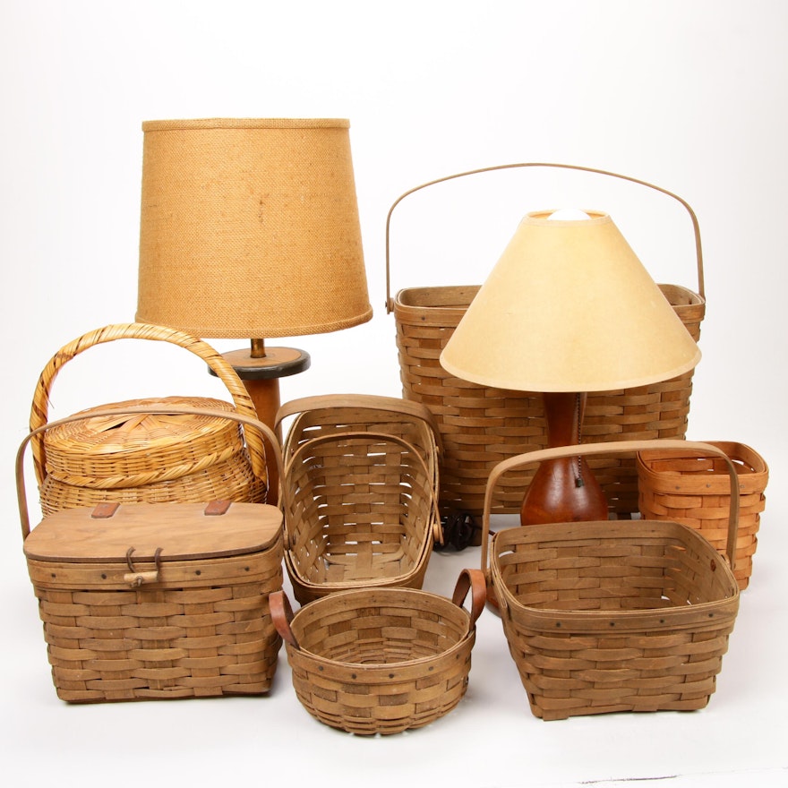 Longaberger Handwoven Baskets and Hand-Carved Lamps, Late 20th Century