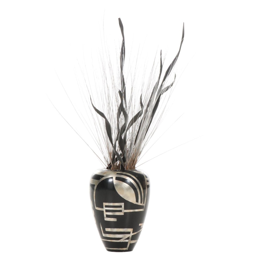 Black and Gold Painted Ceramic Floor Vase with Artificial Plants