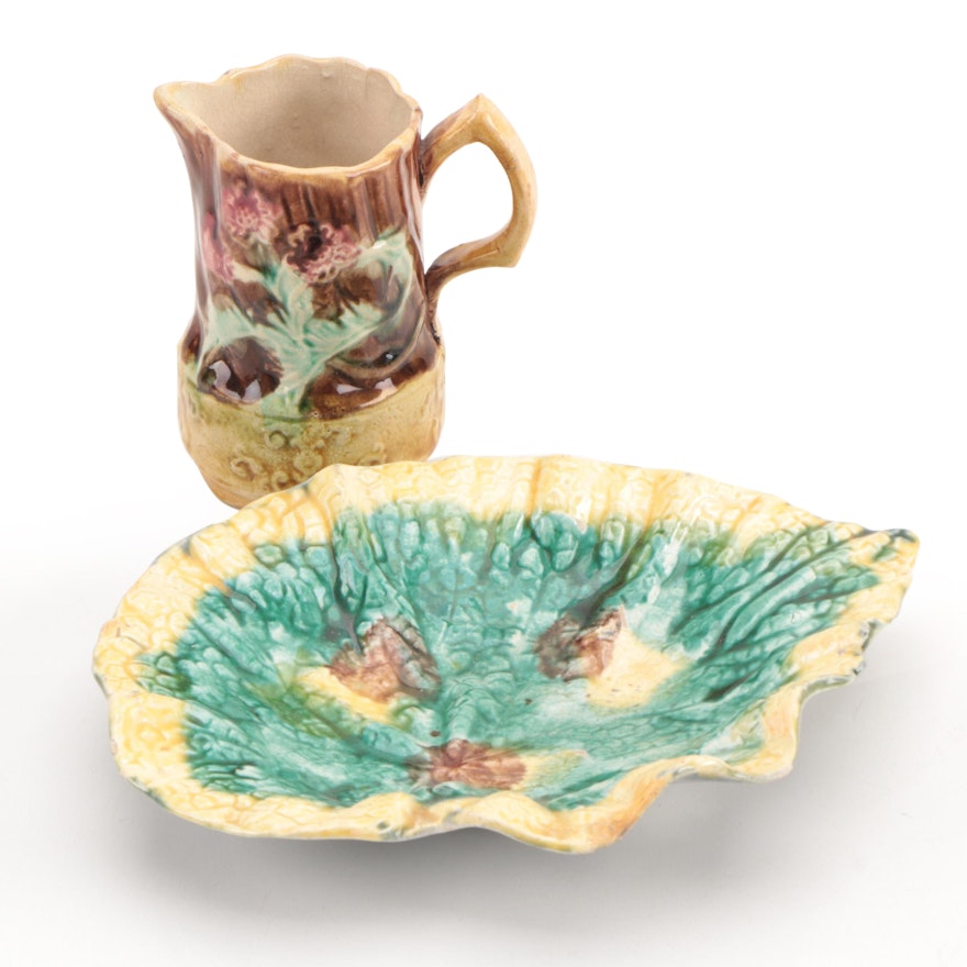 Griffen, Smith and Hill Etruscan Majolica Leaf Dish with Other Majolica Pitcher