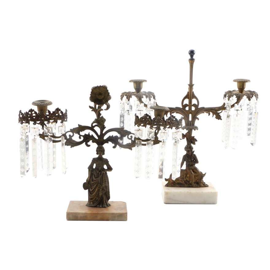 Victorian Cast Brass and Marble Girandoles with Cut Glass Prisms