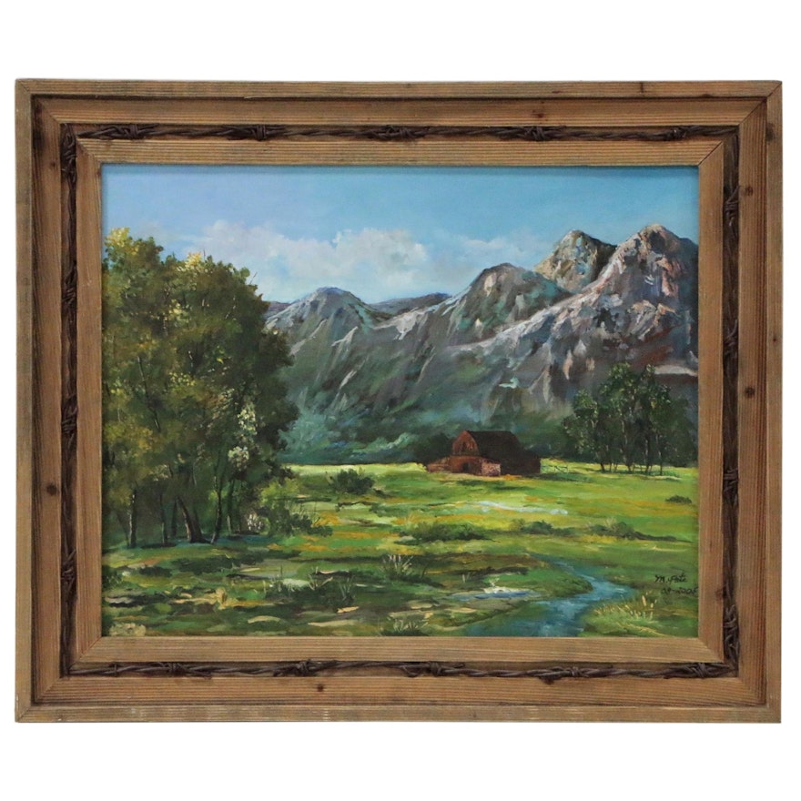 Oil Painting of Pastoral Mountain Landscape with Barn, 2005