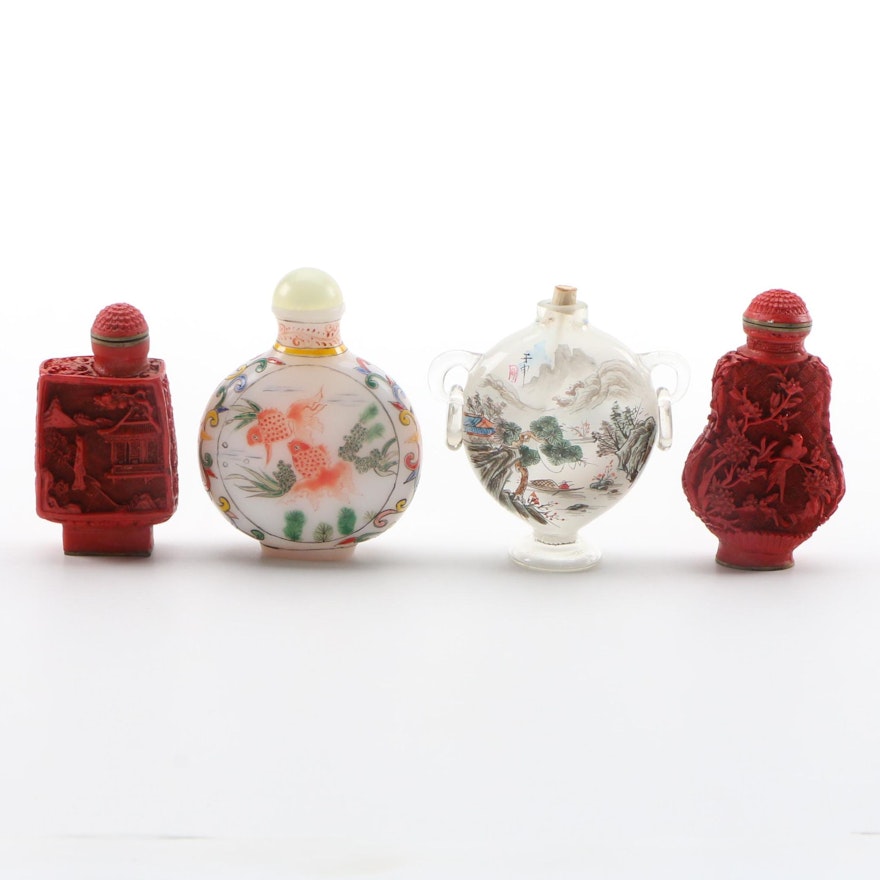 Chinese Faux Cinnabar and Painted Glass Snuff Bottles