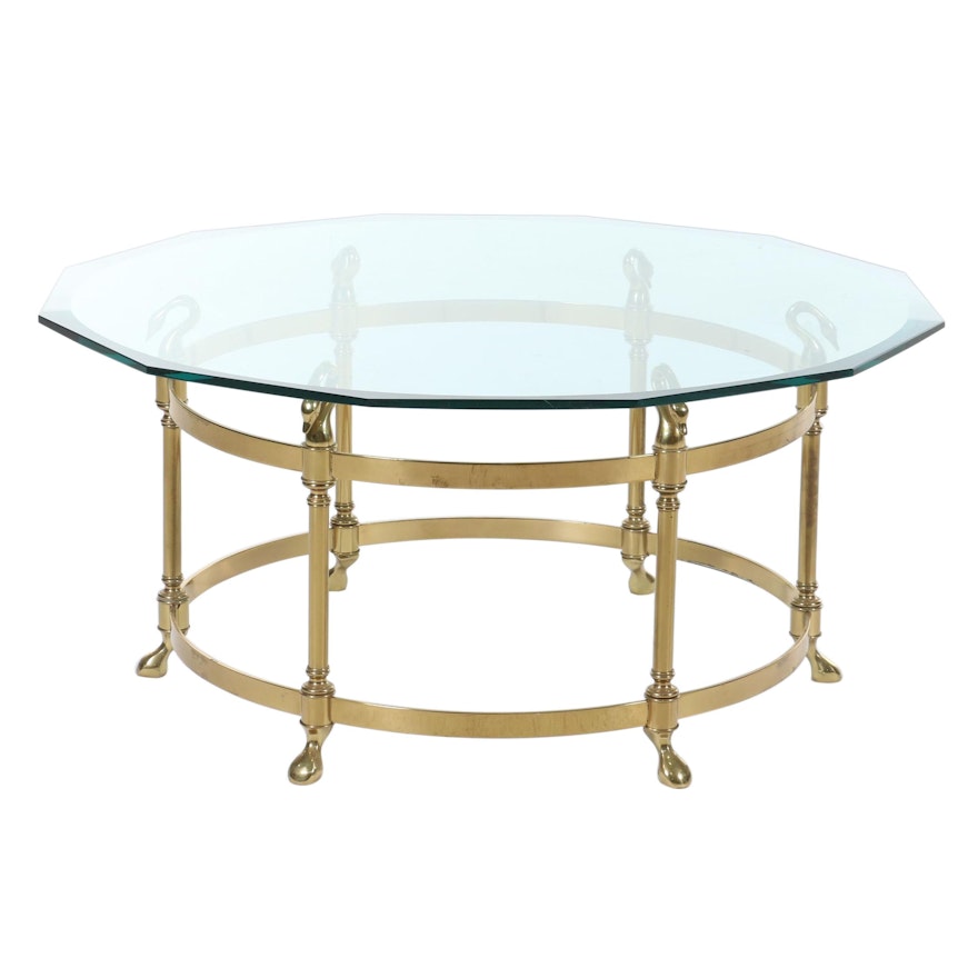 La Barge Style Brass and Glass Top Swan Motif Coffee Table, Late 20th Century