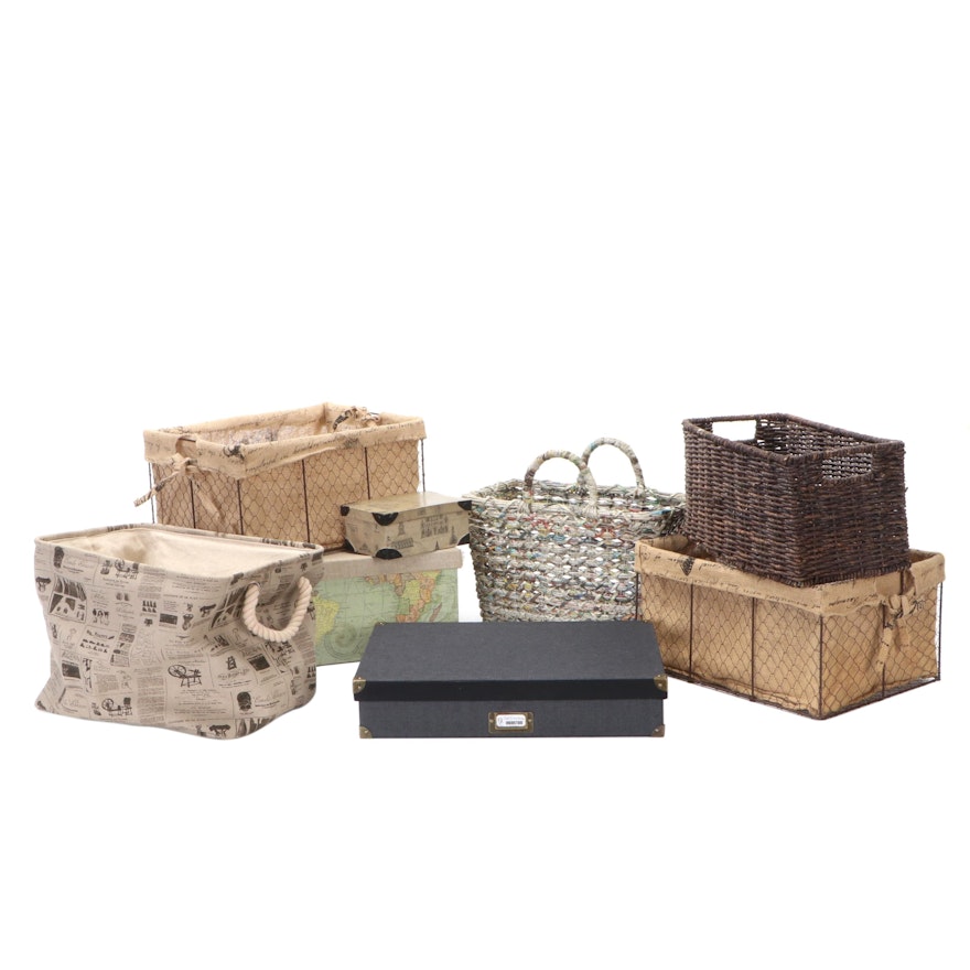 Handled Rattan, Chicken Wire With Burlap, Cloth Covered Baskets and Boxes