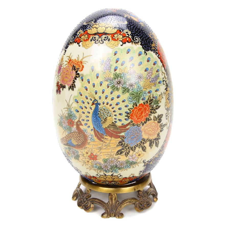 Chinese Satsuma Style Ceramic Egg on Brass Stand